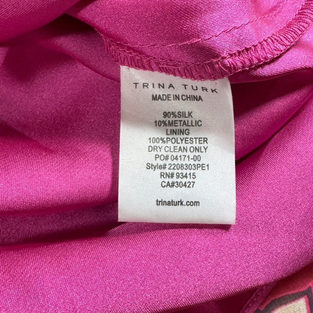 Trina Turk Pink Floral Silk Saka Dress Metallic Ruffle Mini Long Sleeve Size L - Picture 4 of 7